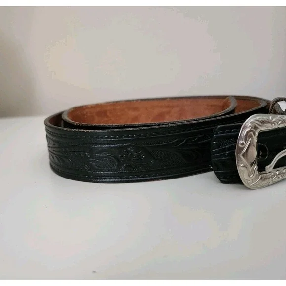 Vintage Tex Tan Tooled Leather BeltSterling Buckle Keepers Tip021862 Size 40
